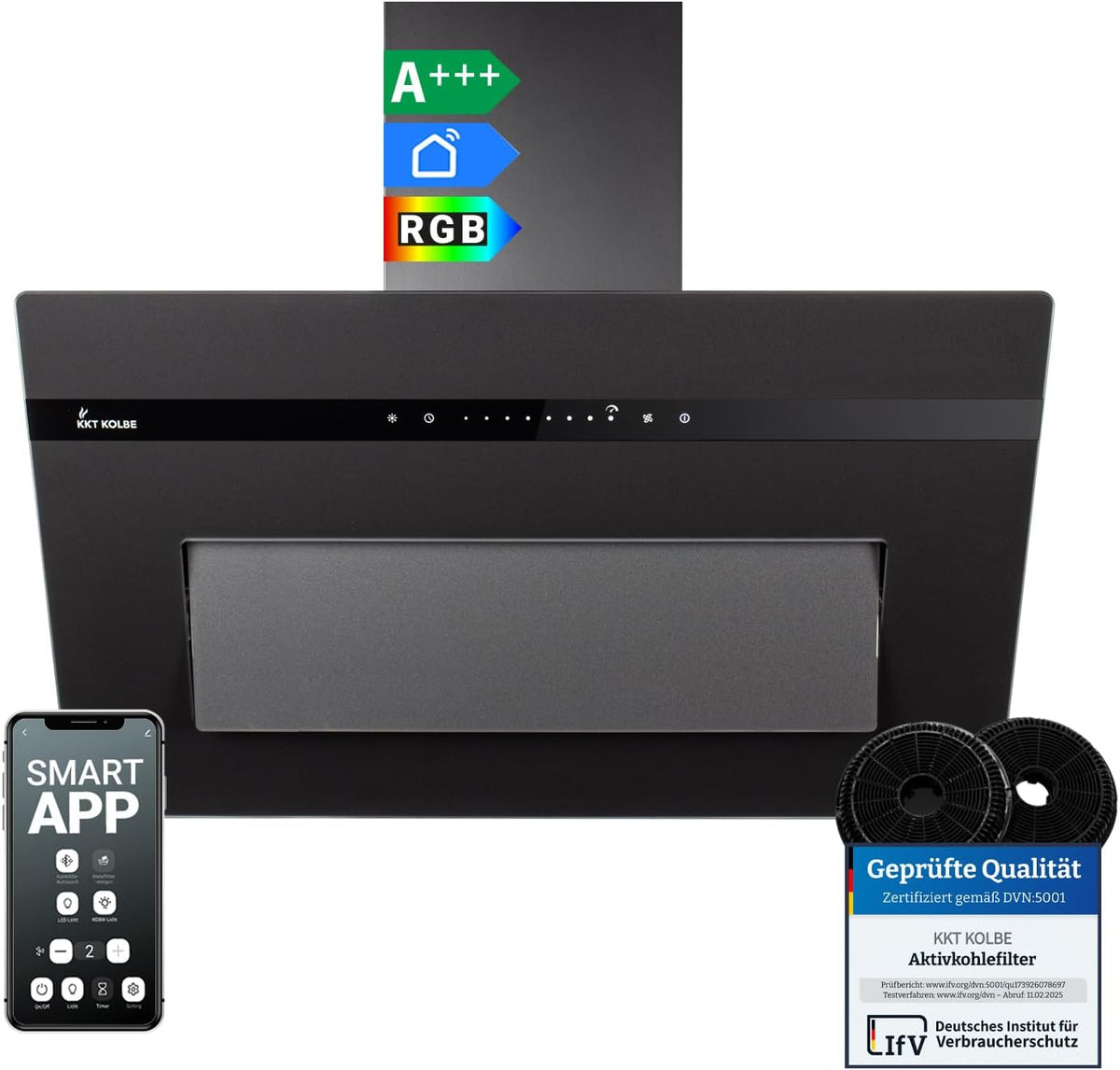 KKT KOLBE PLOOM8005S Dunstabzugshaube, 80 cm, mit LED, mit WLAN, aus Glas, Schwarz