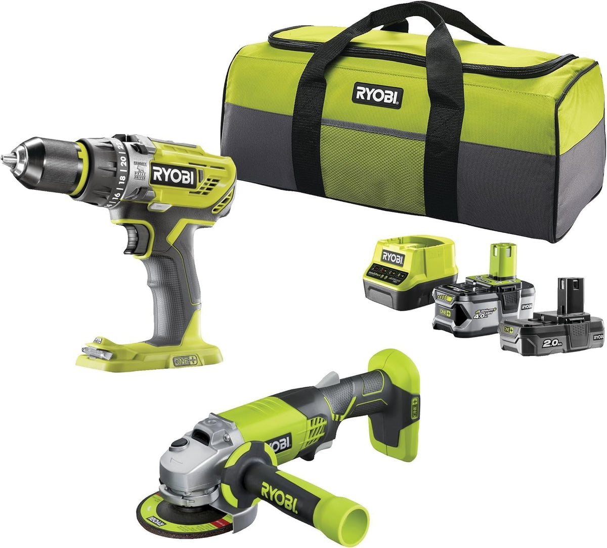 RYOBI R18PDAG-242S Akku-Bohrschrauber, 18 V, 4,0 Ah, 2,0 Ah, Grün/Grau/Schwarz