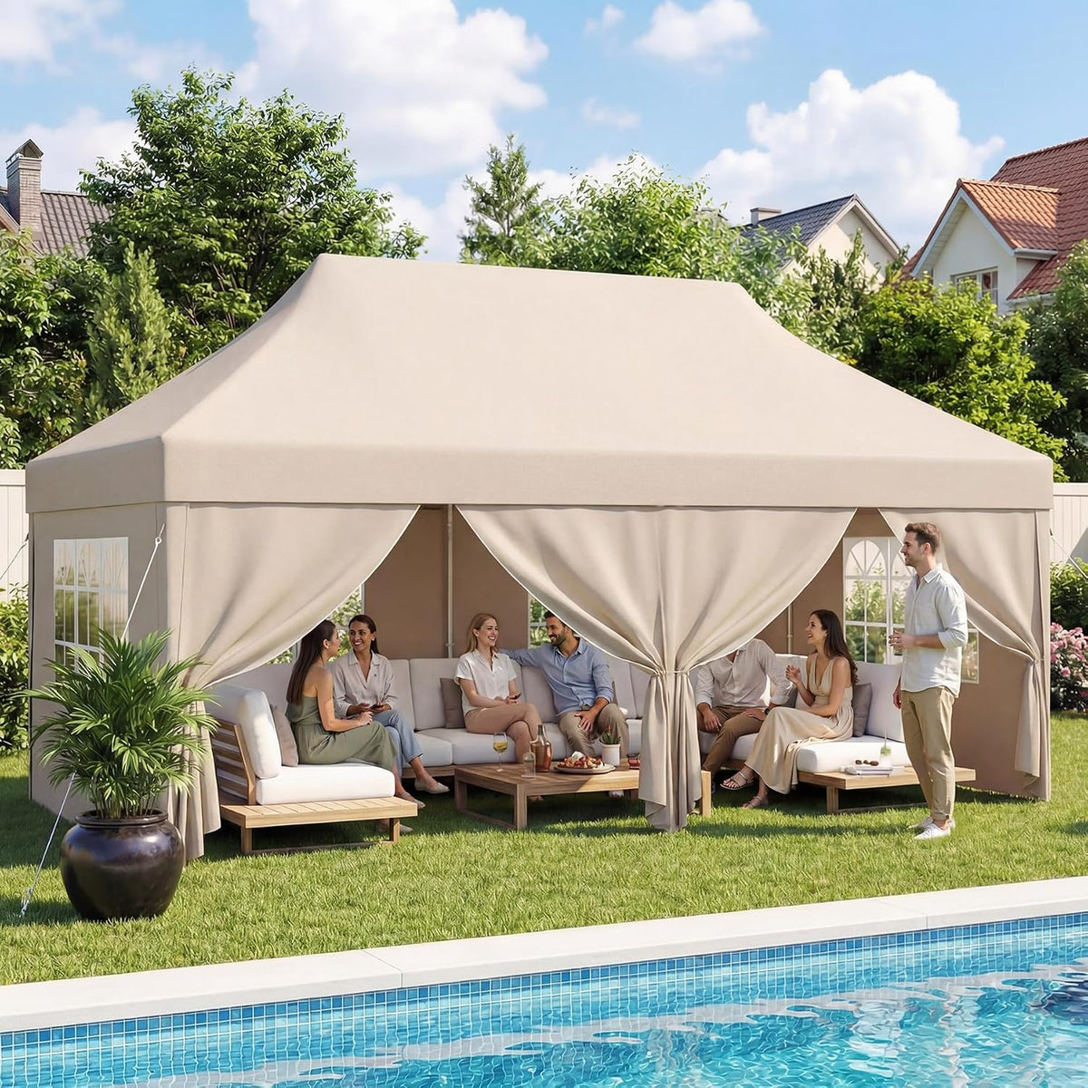 Gartenpavillon Hochgewölbter Faltpavillon, 3 × 6 m, UV-Schutz 50+, wasserdicht, winterfest, für Camping, Beige, Devoko