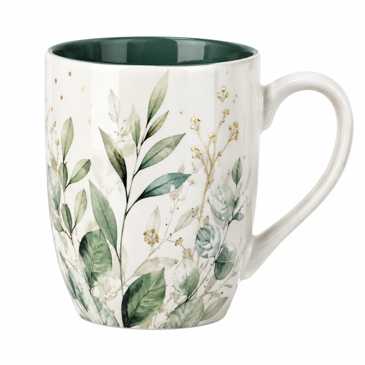 Keramiktasse mit Pflanzenmotiv 350ml Weiß/Grün