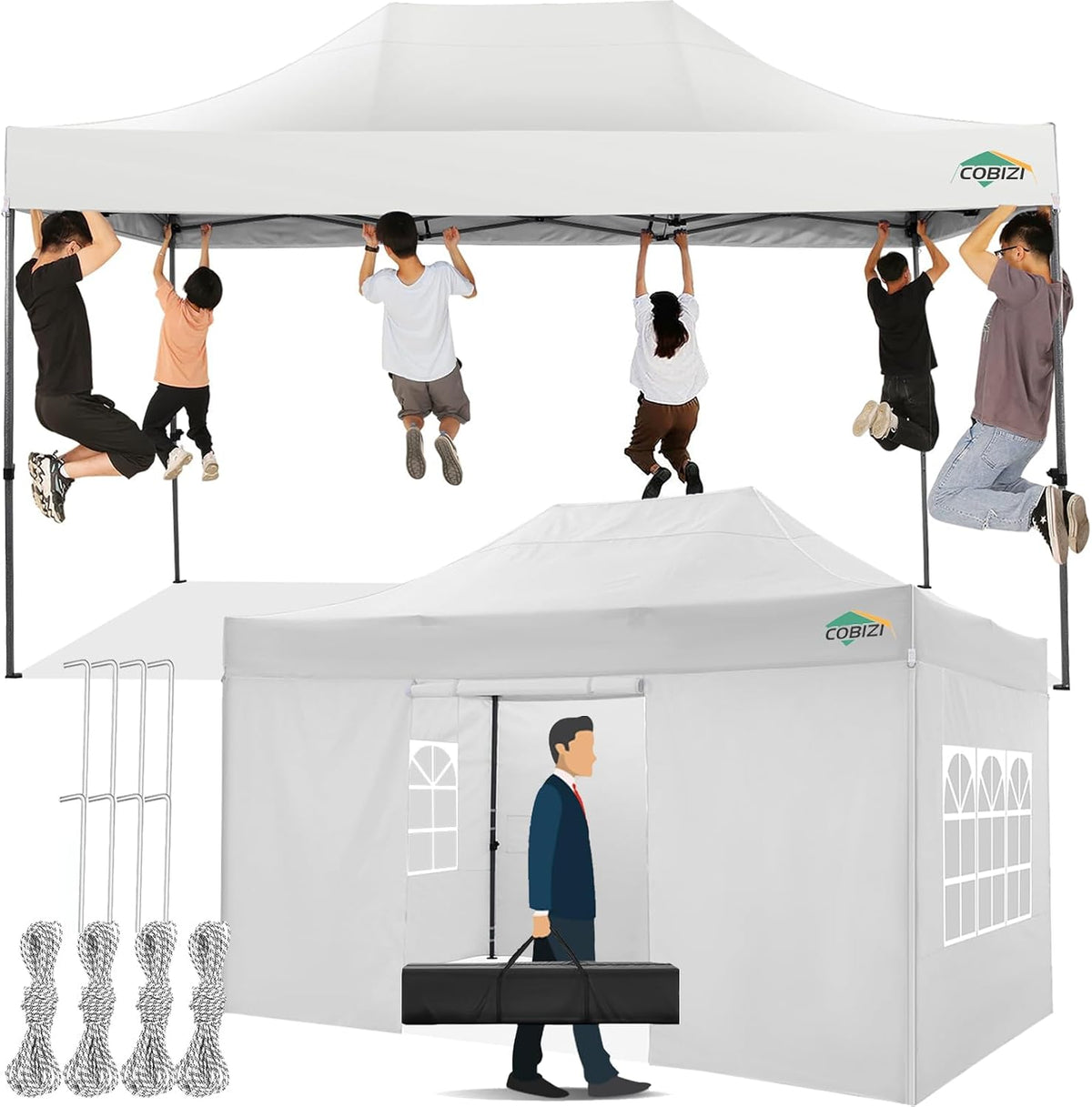 Gartenpavillon Pavillon 3x4, 3 × 4 m, 4,5 m, wasserdicht, winterfest, klappbar, für den Garten und Camping, Weiß, COBIZI