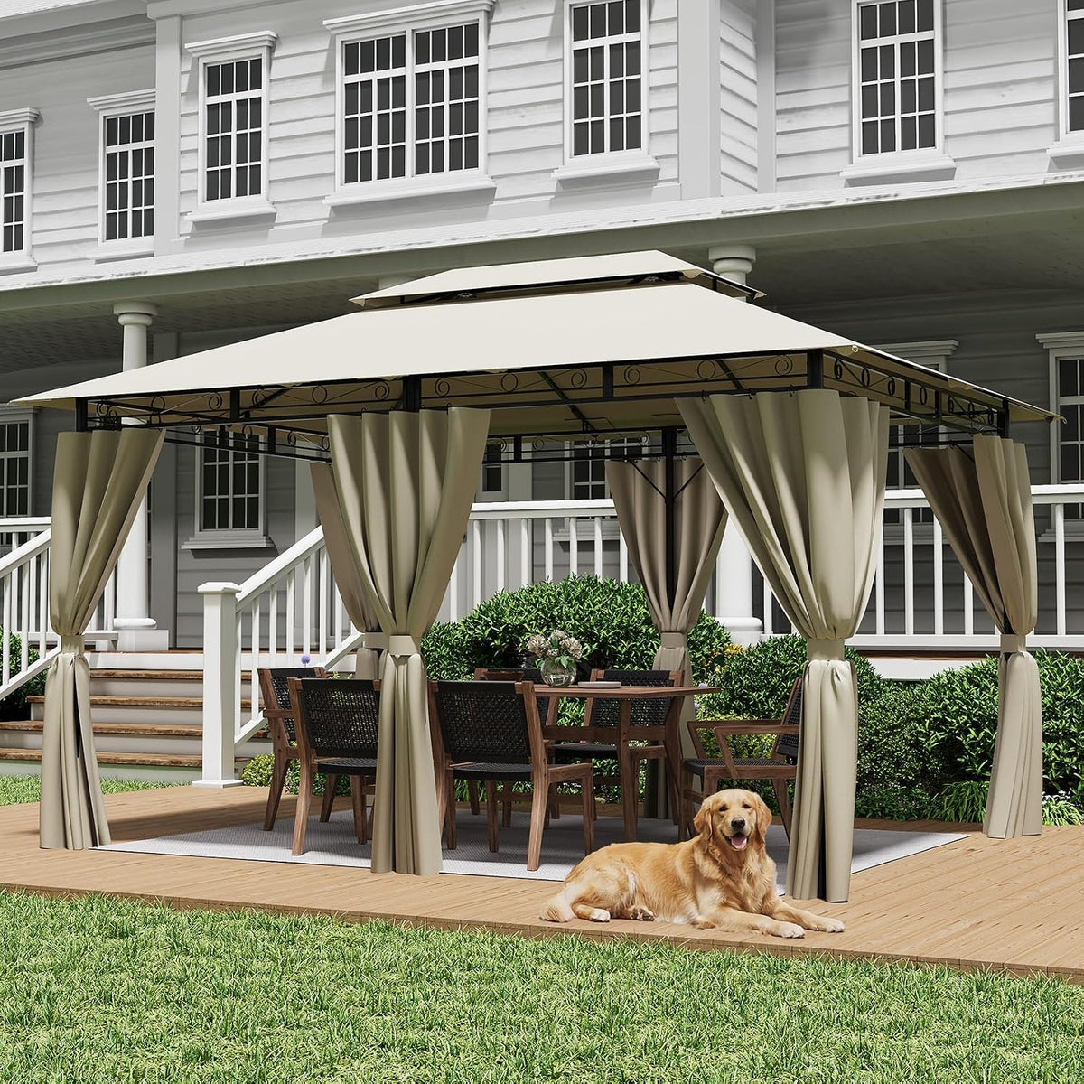 Gartenpavillon, 3 × 4 m, mit Doppeldach, mit 4 Seitenteilen, mit Bodenankern, wasserdicht, für den Garten und die Terrasse, Beige, JUMMICO