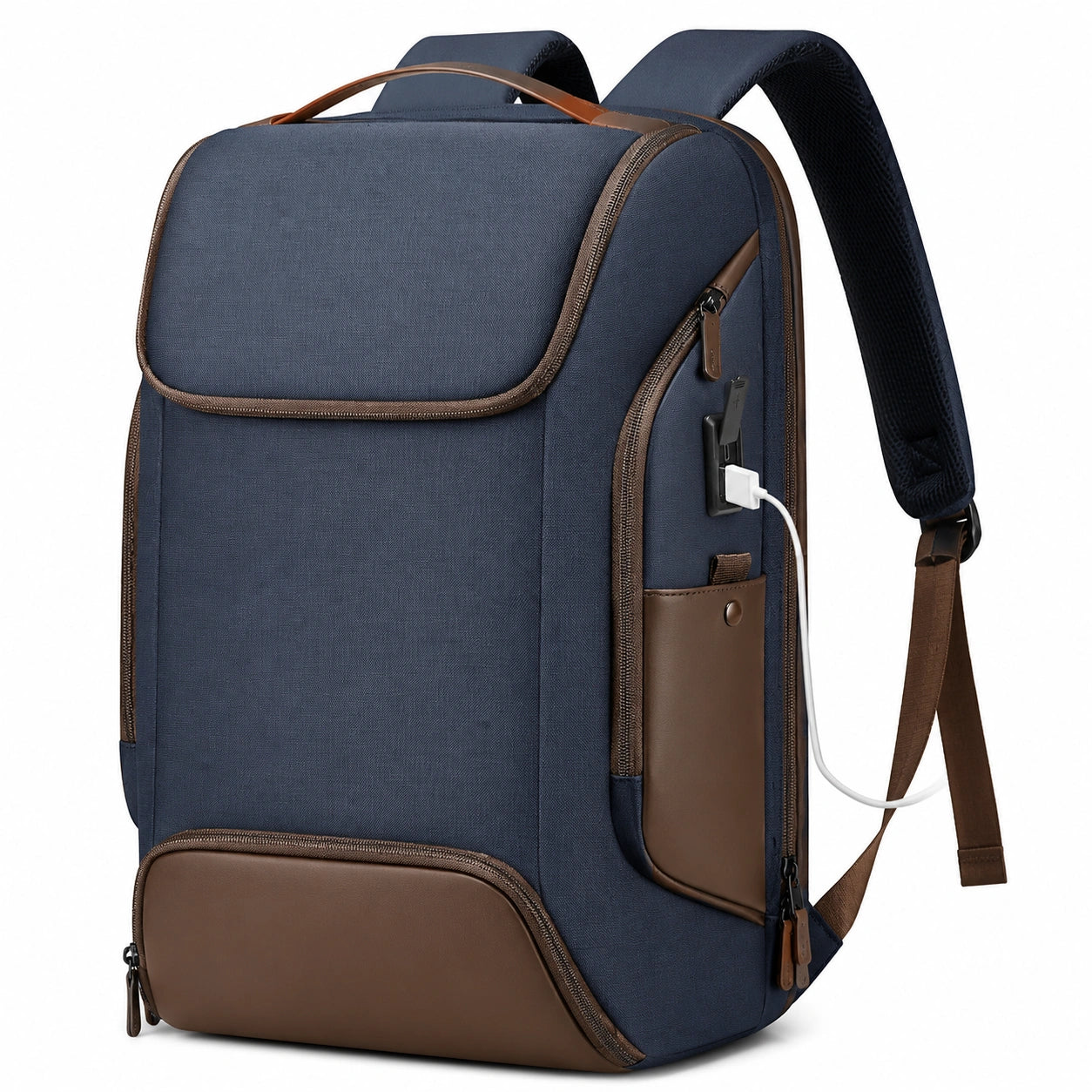 Moderner Rucksack mit USB-Anschluss, Blau/Braun, 20L