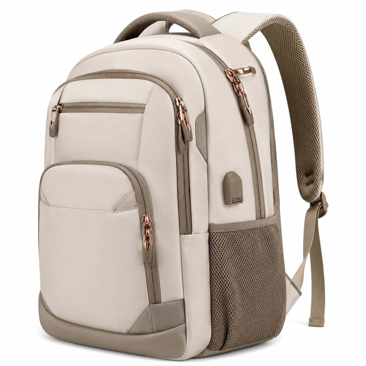 Laptop-Rucksack 15.6 Zoll Beige mit USB-Anschluss, ergonomisch