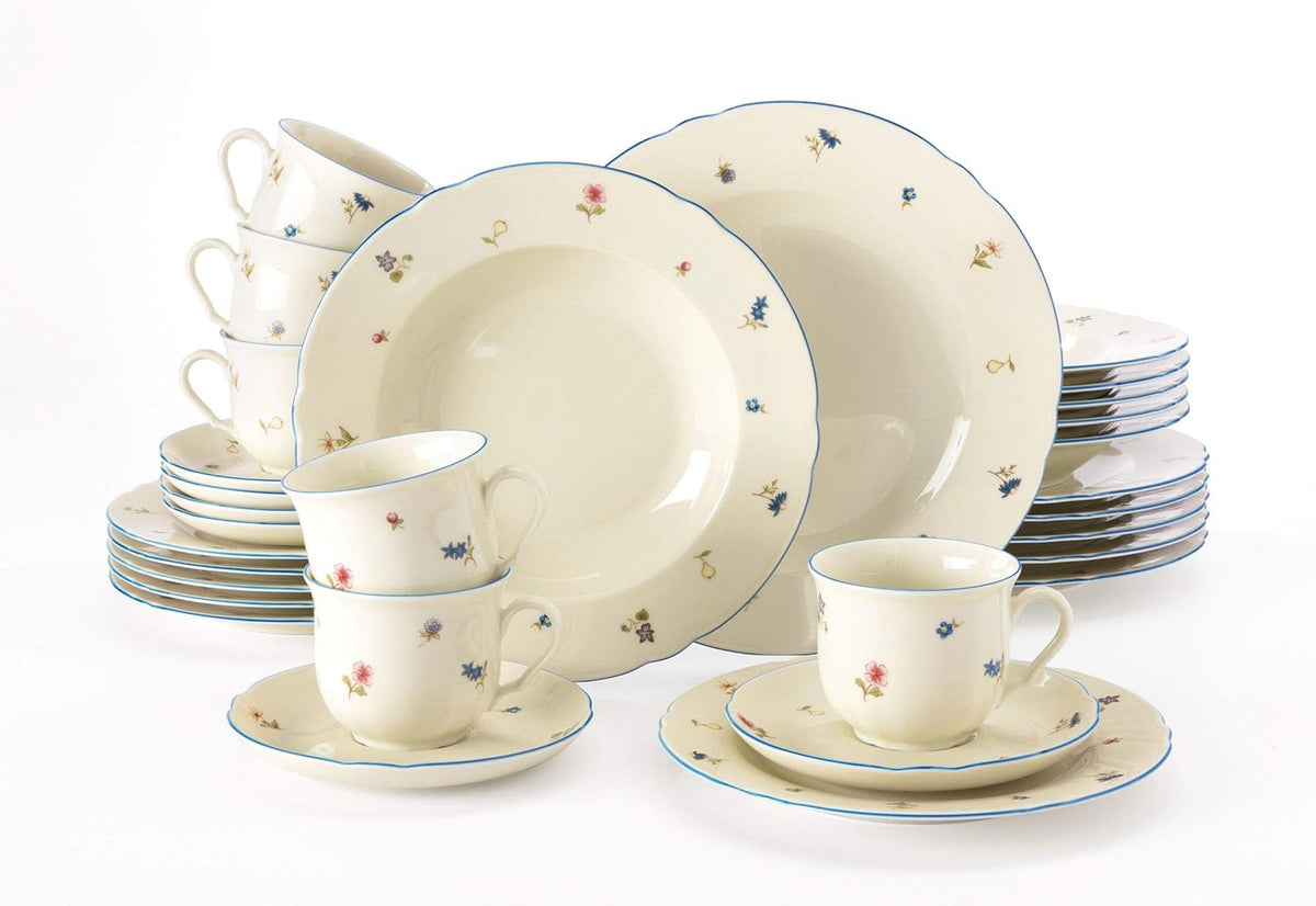 Seltmann Weiden 001.683964 Kombiservice 30 Tafelservice, 36.3 × 29.8 × 28.5 cm, Cremeweiß/Blau