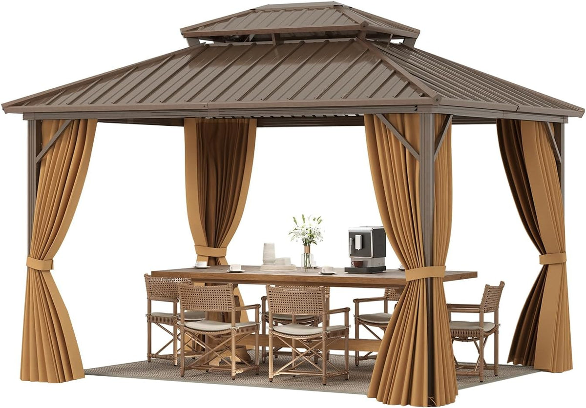 Gartenpavillon Gardenpavillon 3, 3,54 × 2,94 m, aus Metall, mit Hardtop-Dach, mit Doppeldach, mit Vorhängen, wasserabweisend, Braun, GOPLUS