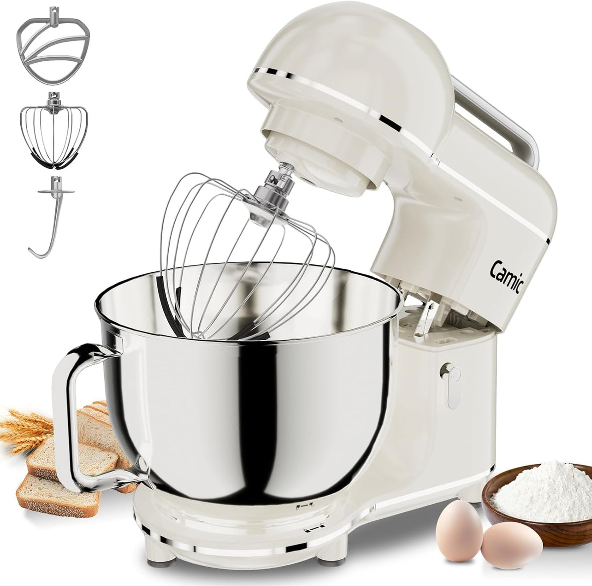 Camic Küchenmaschine, 7 L, 2000 W, aus Edelstahl und Stahl, für die Küche, Weiß/Silber
