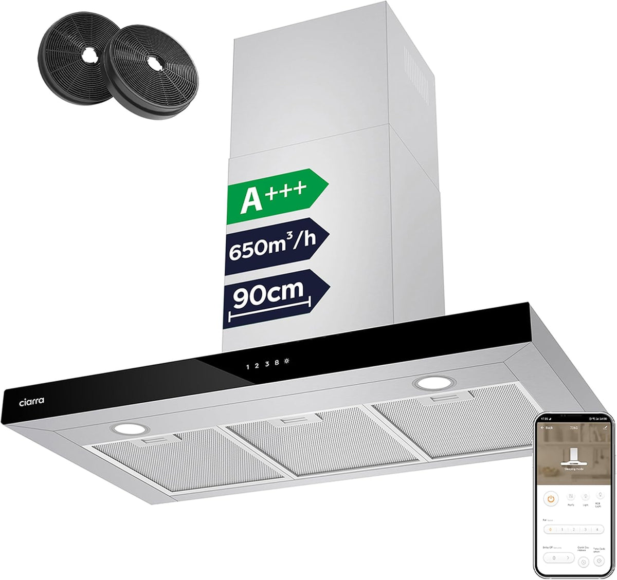 CIARRA CBCS9102 Dunstabzugshaube, 650 m³, 90 cm, mit LED, mit WLAN, mit App-Steuerung, aus Edelstahl und Stahl, Schwarz/Silber