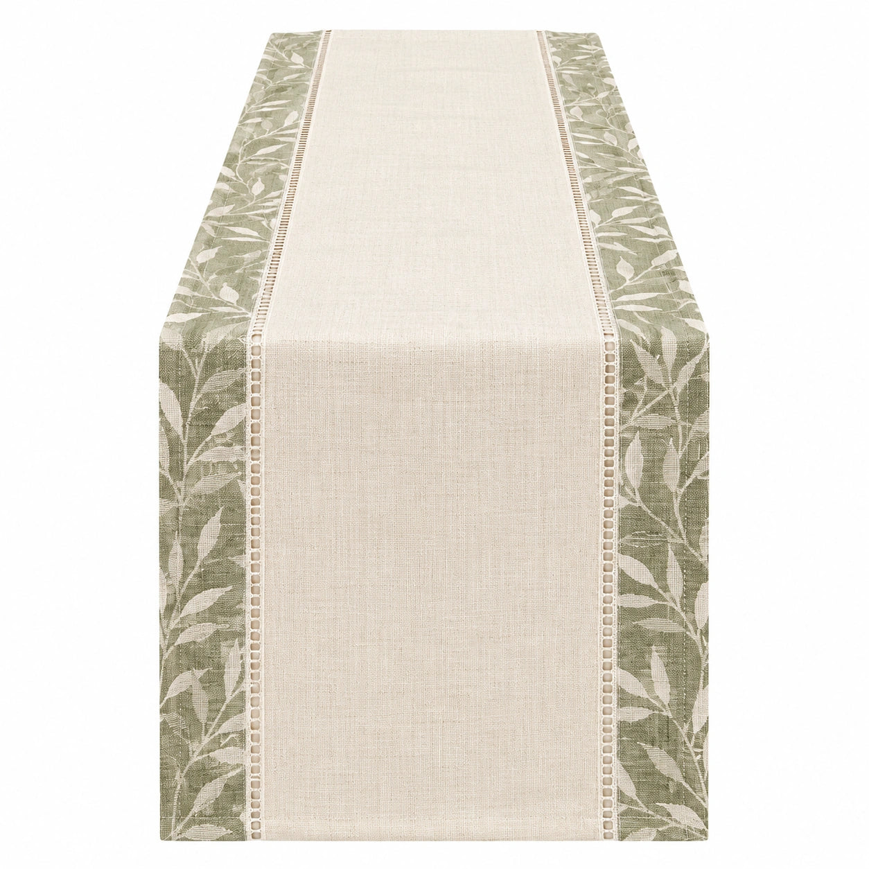 Tischläufer 140x40cm Beige Grün mit Blattmuster