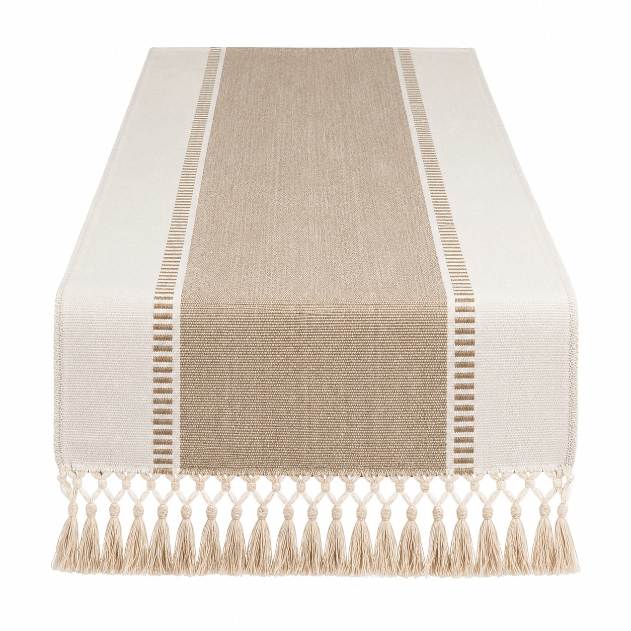 Tischläufer Beige/Weiß mit Fransen 180x33cm