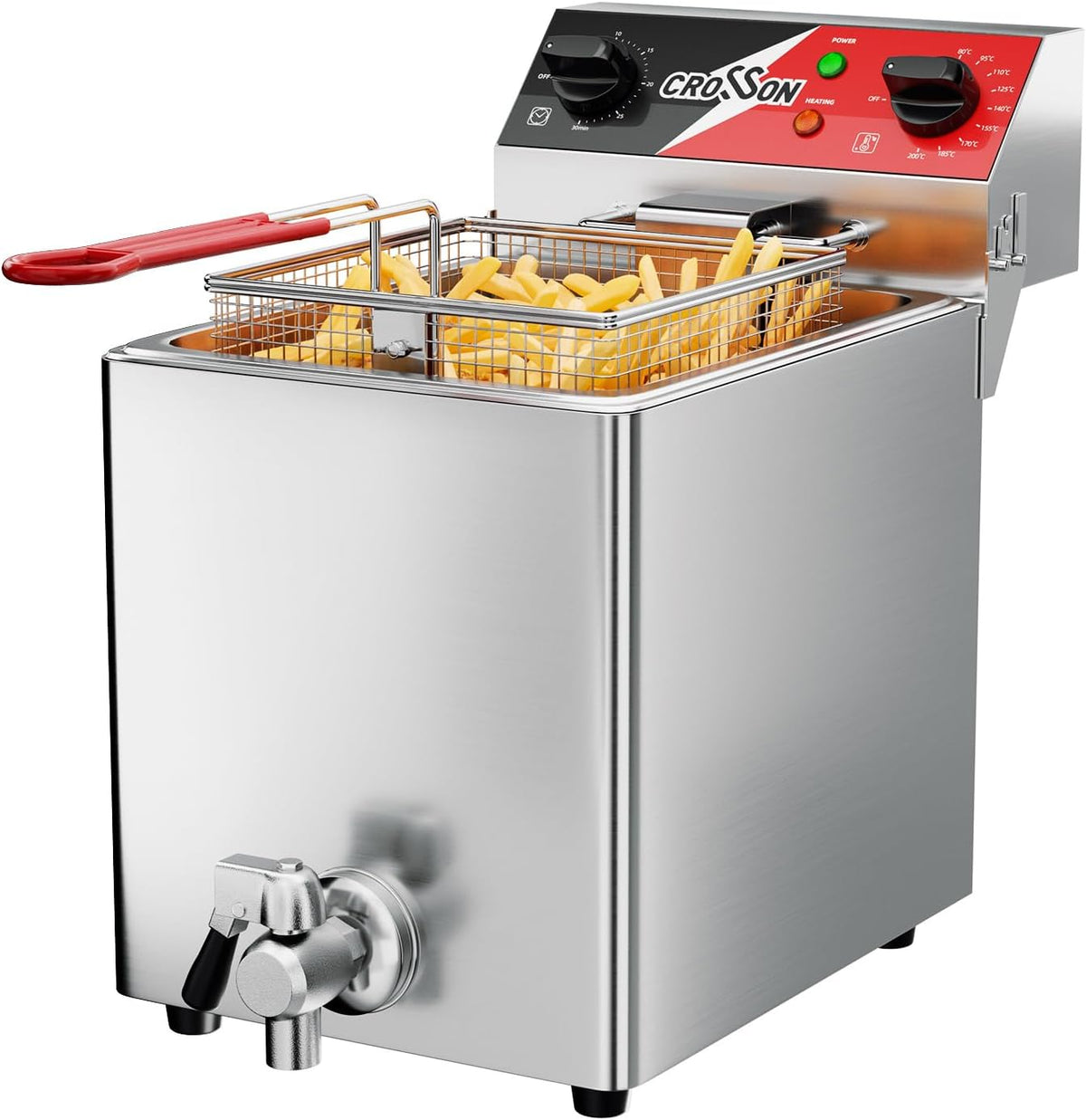 Fritteusen, 80–200°C, 8 L, 3250 W, mit Timer, aus Edelstahl und Stahl, Silber/Rot, crosson