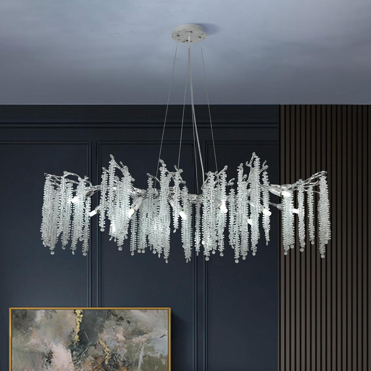 ZenithBeam G9 Kronleuchter, 120 cm, verstellbar, mit LED, für das Wohnzimmer und das Schlafzimmer, Silber/Klar