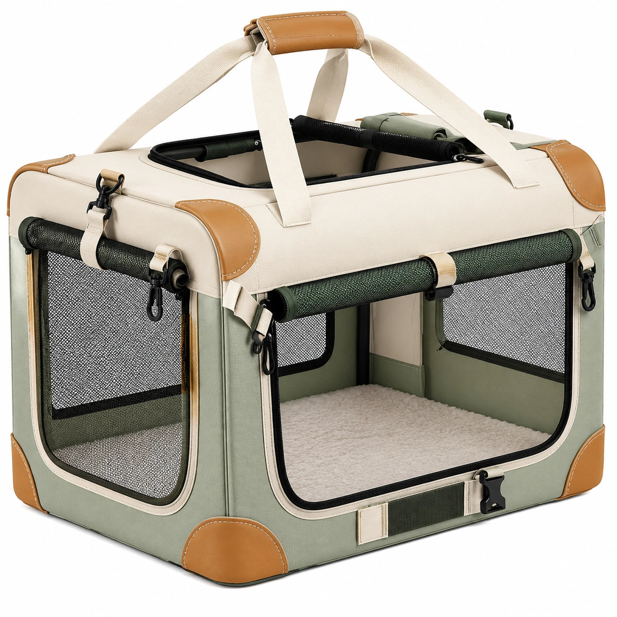 Faltbare Haustiertransportbox mit Netzfenstern 60cm x 40cm x 40cm - Grün/Beige