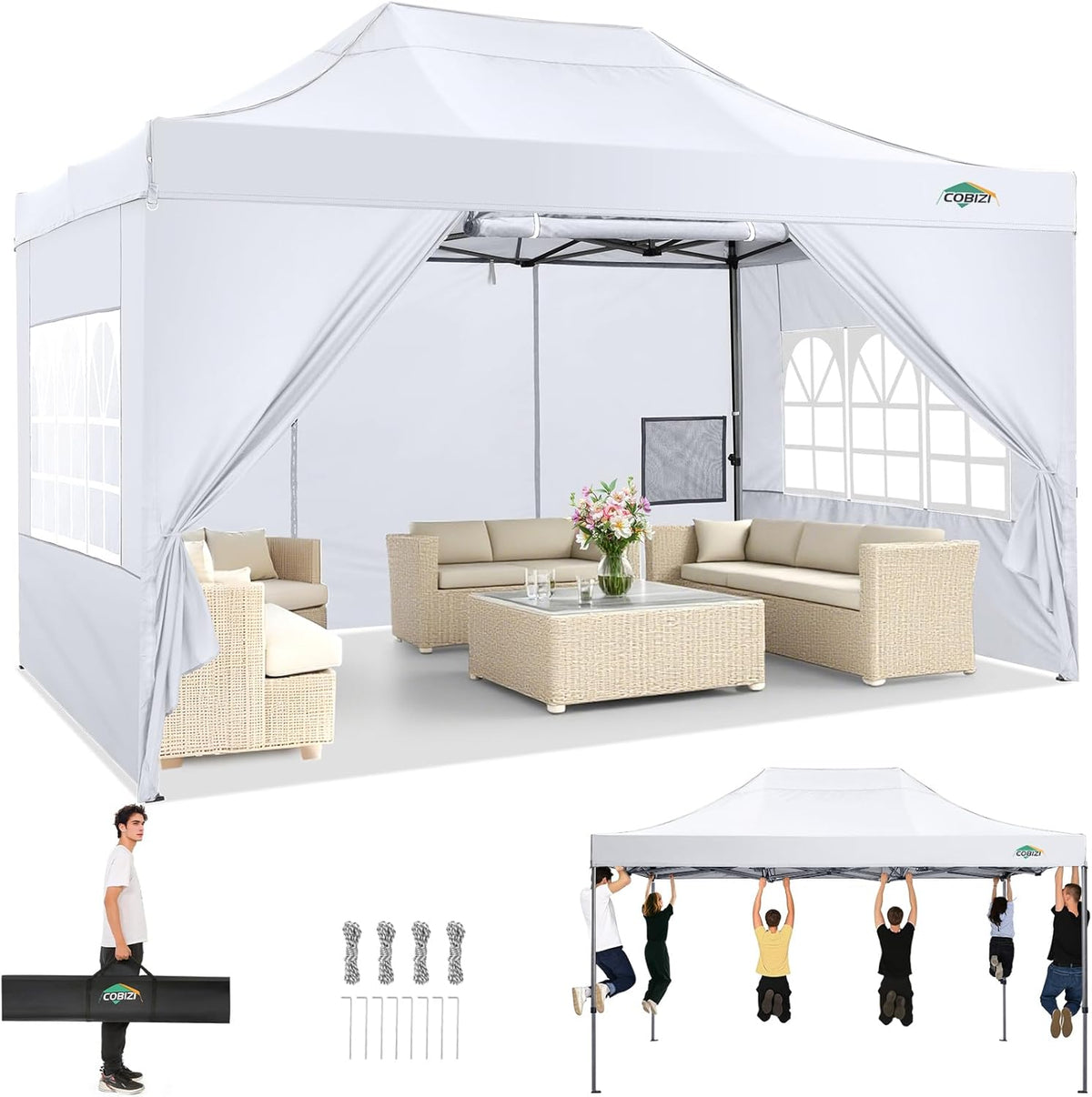Gartenpavillon, 3 × 4 m, mit 4 Seitenteilen, UV-Schutz 50+, wasserdicht, klappbar, für den Garten, Weiß, COBIZI