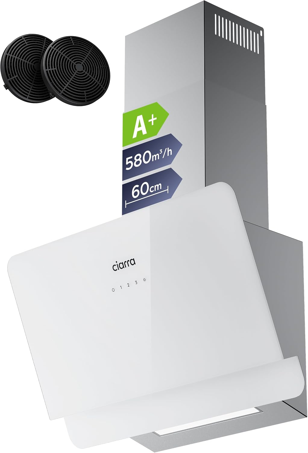 CIARRA CBCS6765C Dunstabzugshaube, 580 m³, 60 cm, aus Edelstahl und Stahl, für die Küche, Weiß/Edelstahl