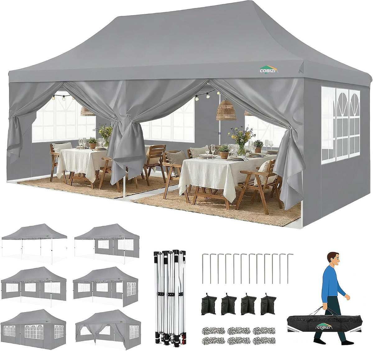 Gartenpavillon Faltpavillon 3X6, 3 × 6 m, mit 6 Seitenteilen, wasserdicht, winterfest, klappbar, für den Garten, Grau, COBIZI