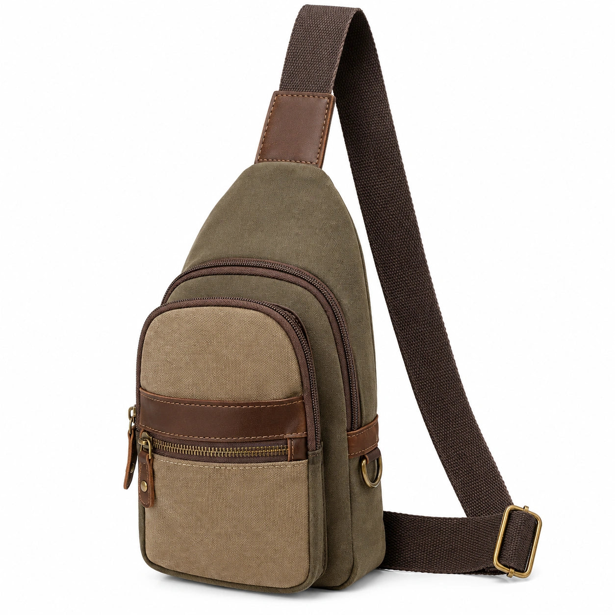 Kleine Unisex-Umhängetasche Braun/Khaki mit Lederdetails