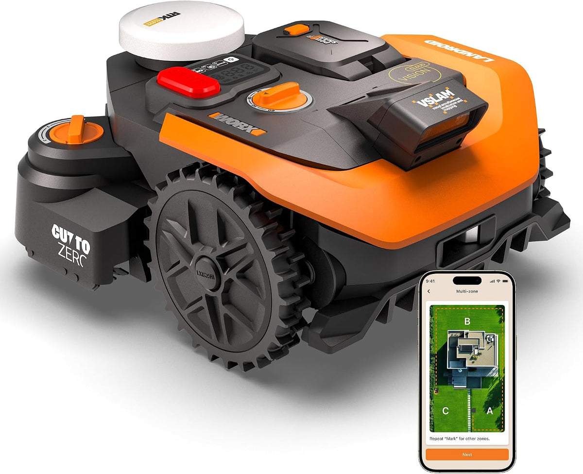 Mähroboter WR312E, 1200 m², mit App-Steuerung, ohne Begrenzungskabel, mit KI-Erkennung, Schwarz/Orange, WORX