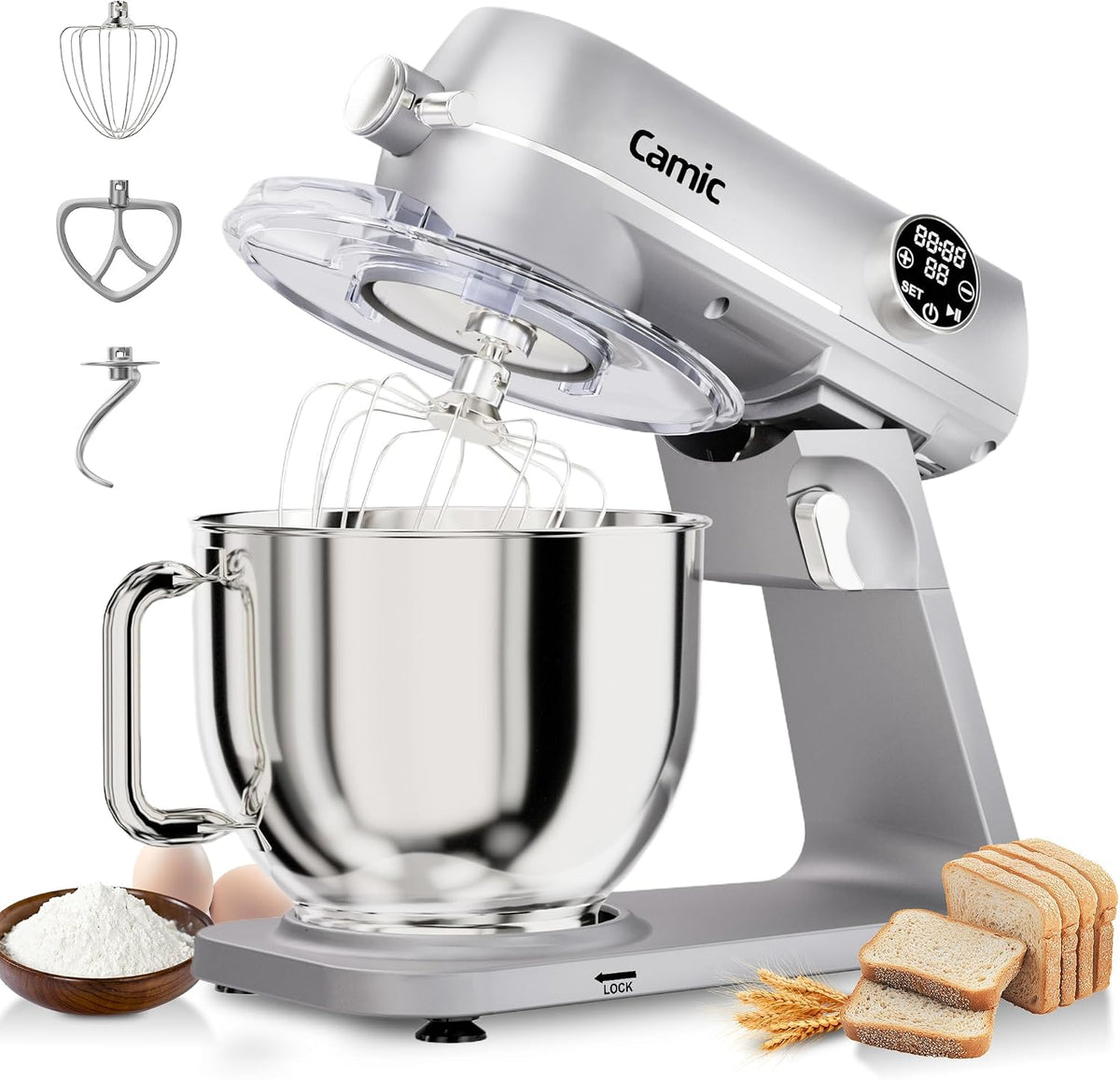 Camic Küchenmaschine, 1800 W, mit Timer, mit LED, für die Küche, aus Metall, Silber