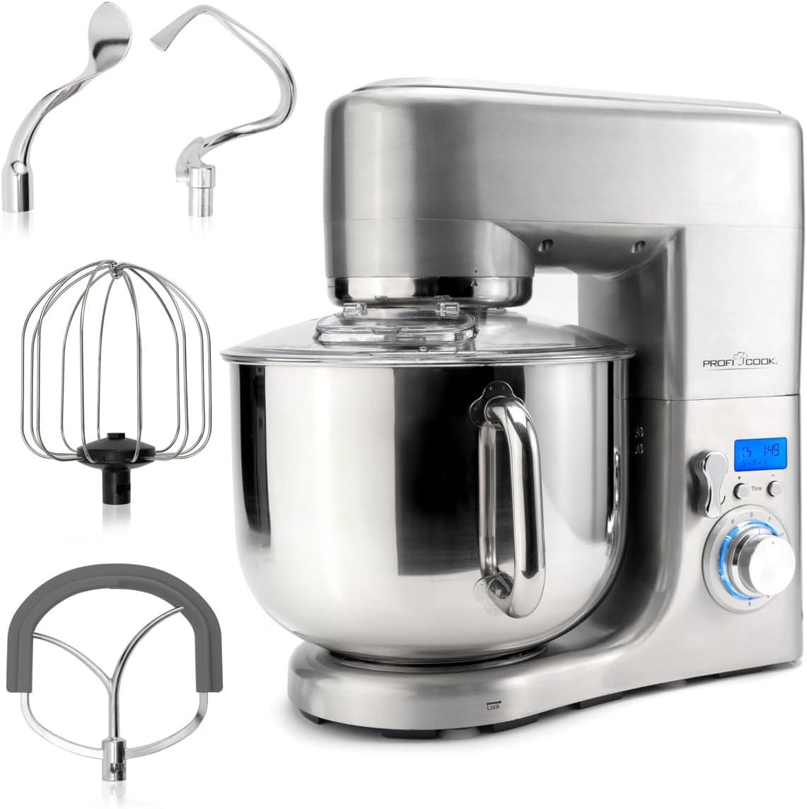 Profi Cook Küchenmaschine, 10 L, 1500 W, aus Edelstahl und Stahl, mit Timer, für die Küche, Silber
