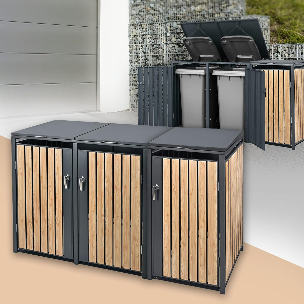 Mülltonnenbox Klappdeckel/3, 200 × 80 × 116,3 cm, 240 L, aus Stahl, Anthrazit/Holz, ML DESIGN modern living