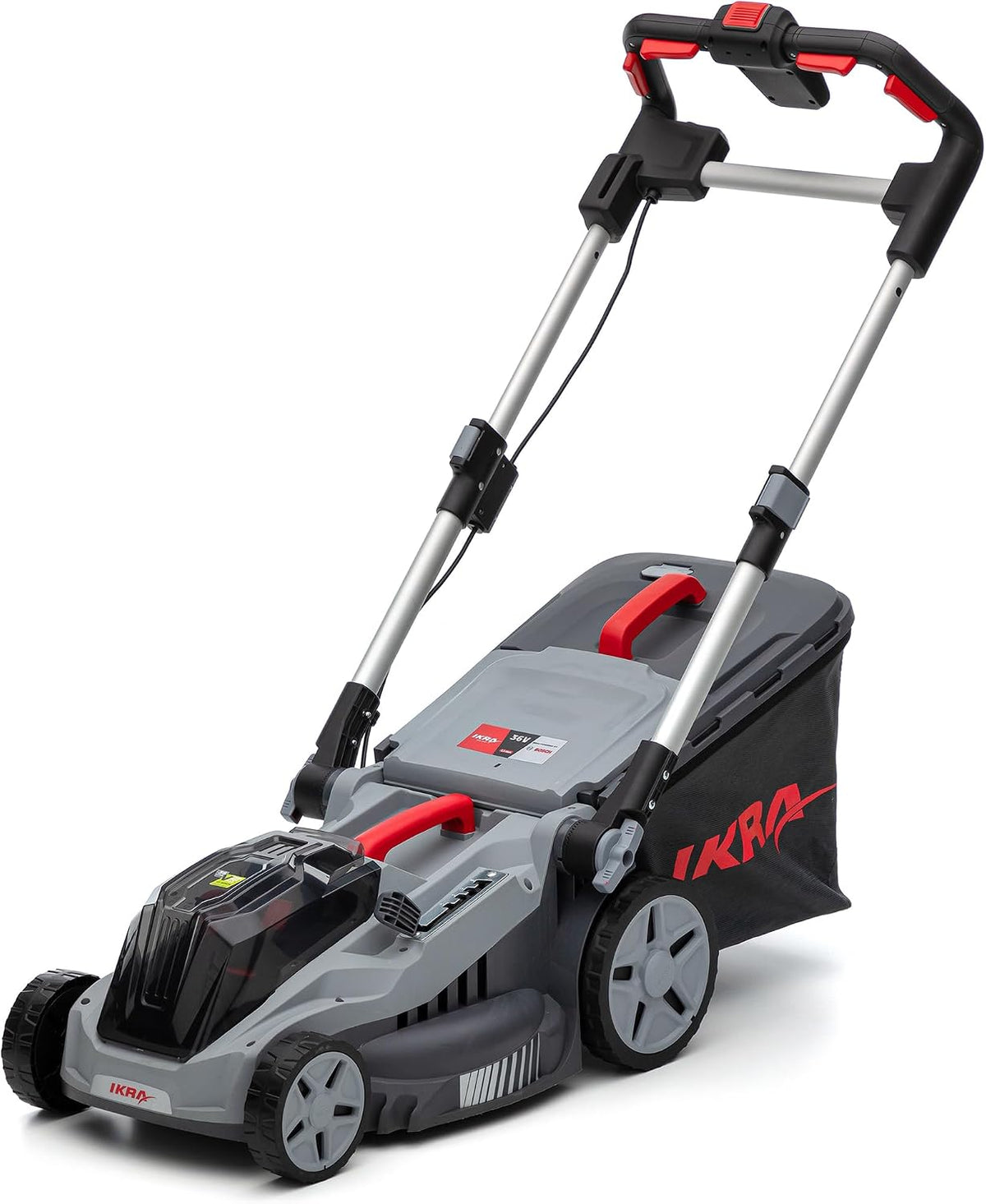 IKRA BOSCH 36V Akku 3in1 Rasenmäher, 30–75mm, 400 m², 38 cm, ohne Akku, mit Hardtop-Dach, klappbar, verstellbar, Grau/Schwarz/Rot