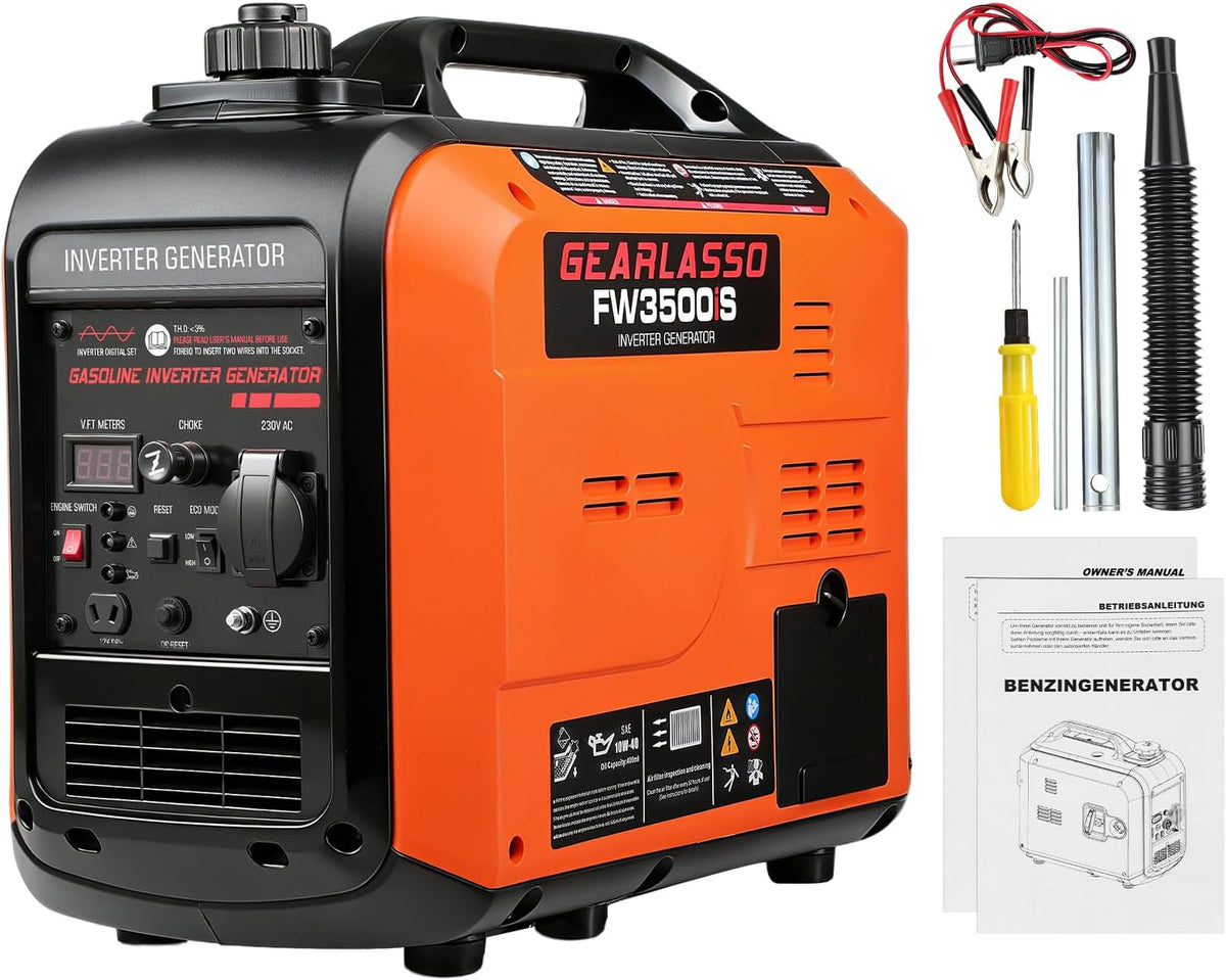 GEARLASSO Stromerzeuger, 3300 W, 230 V, mit USB, für Camping, Schwarz/Orange