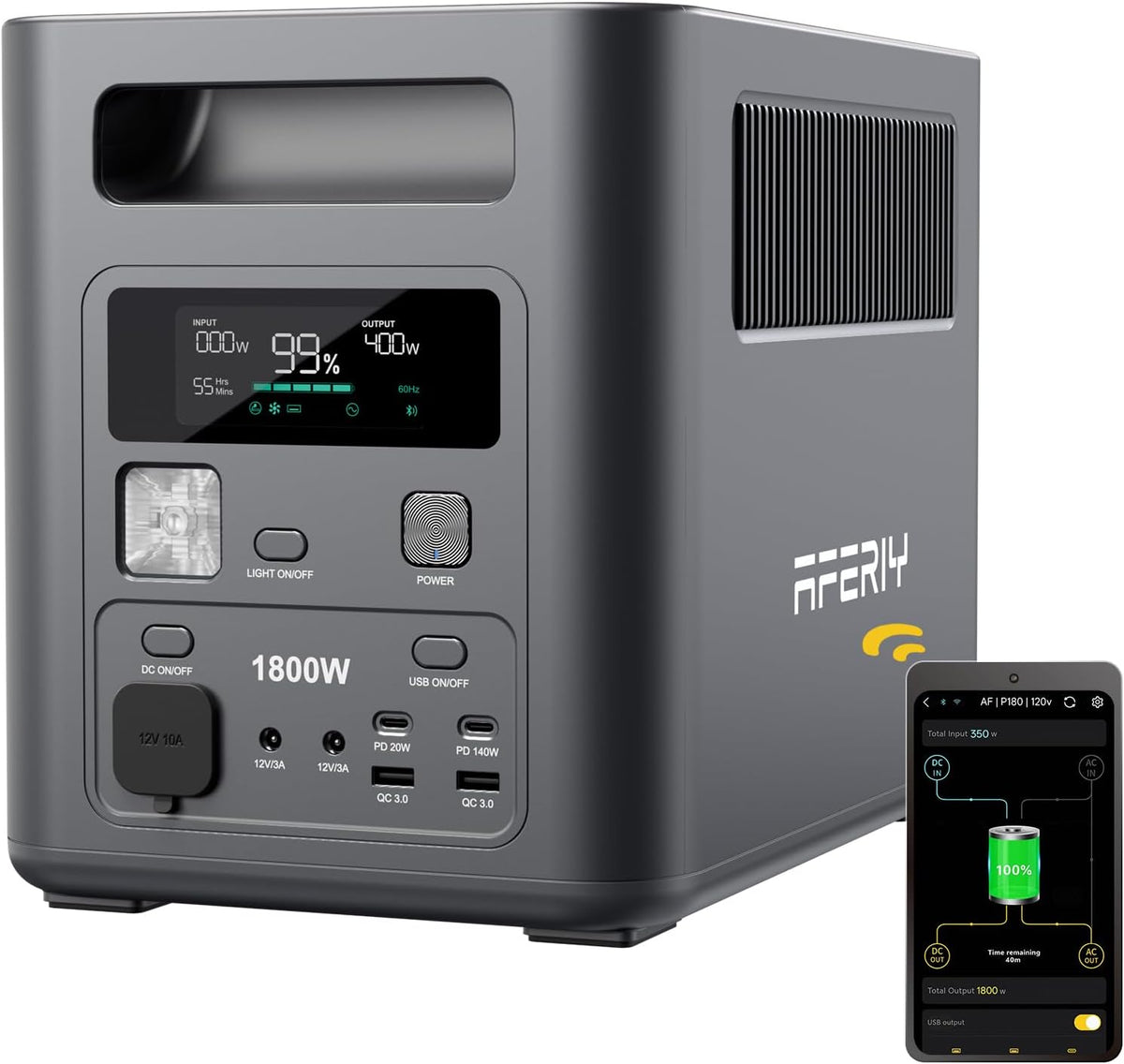 AFERIY LiFePO4 Stromerzeuger, 1800 W, 230 V, 1024 Wh, mit USB, für den Garten und Camping, Grau/Schwarz
