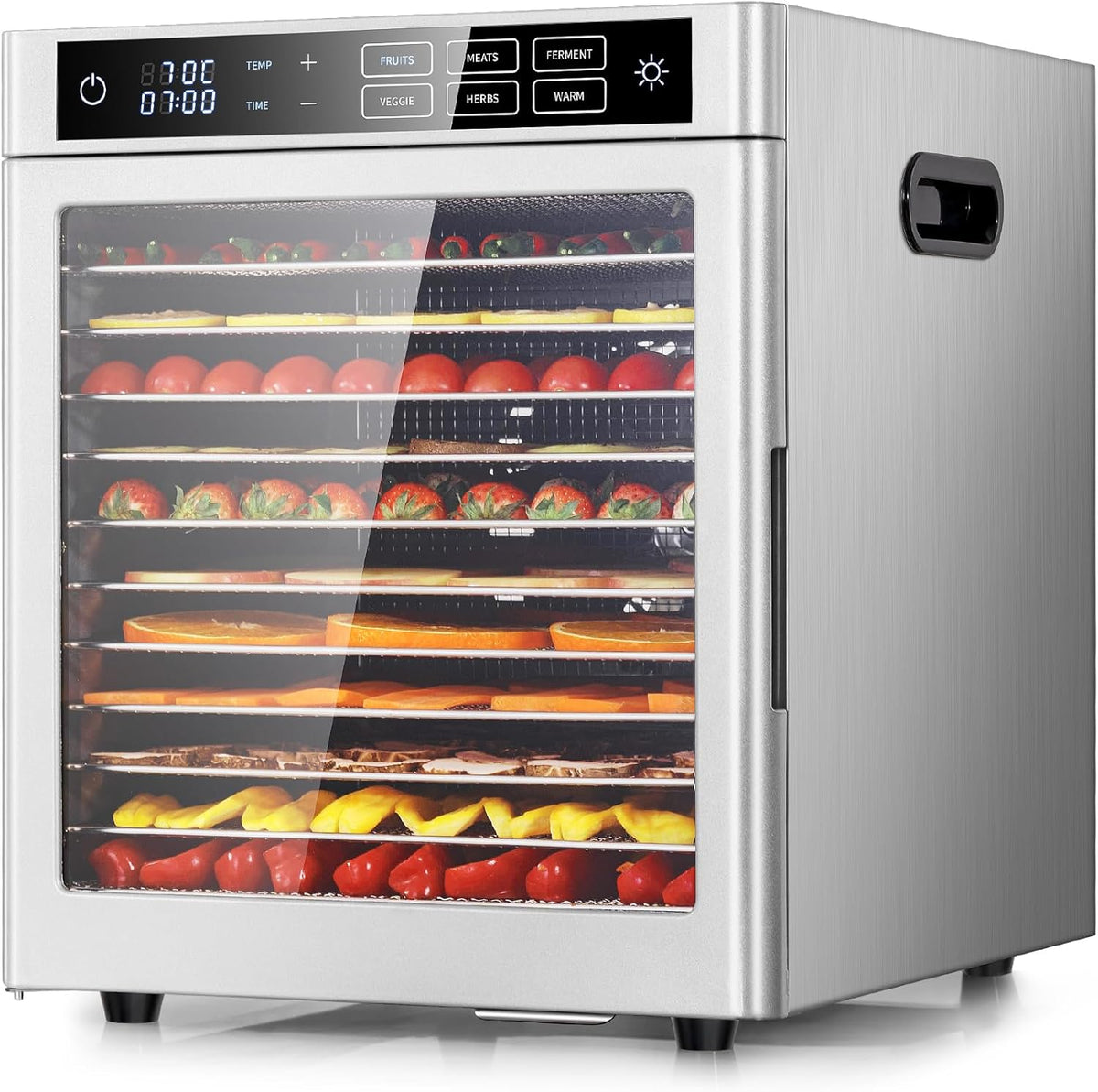 Kwasyo Dörrautomat 12 Etagen Edelstahl Dörrautomaten, 800 W, 85 °C, aus Edelstahl und Stahl, mit Timer, mit LED, Silber