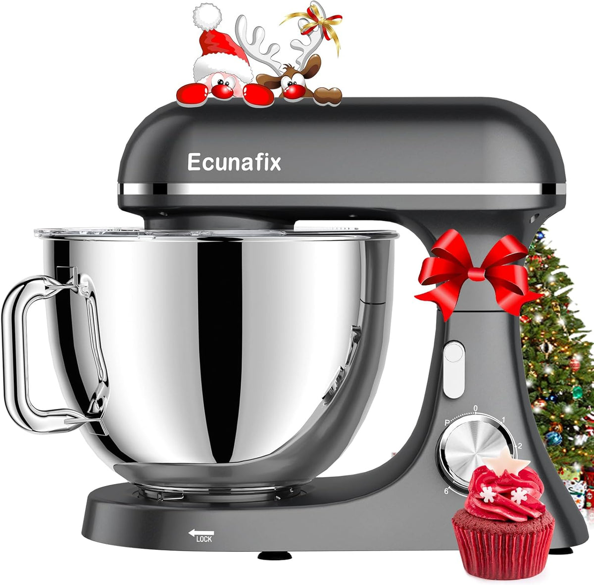 Ecunafix Küchenmaschine, 8 L, 2000 W, für die Küche, aus Edelstahl und Stahl, Schwarz/Silber