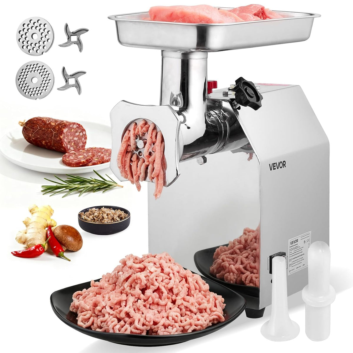 VEVOR Fleischwölfe, 1100 W, 4,2 kg, aus Edelstahl und Stahl, Silber
