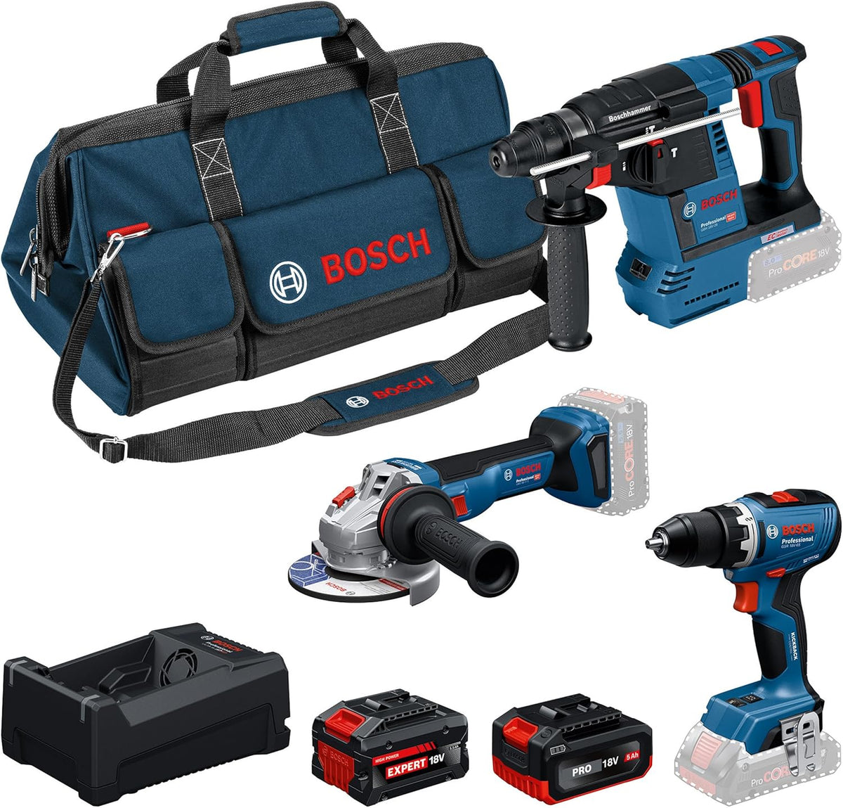 Bosch PRO 18V System Combo Akku-Bohrschrauber, 12 V, 5.0 Ah, Blau/Schwarz/Rot