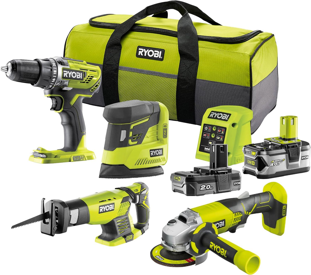 RYOBI R18CK4E-242S Werkzeug-Sets, 18 V, 2,0 Ah, 4,0 Ah, verstellbar, Grün/Schwarz
