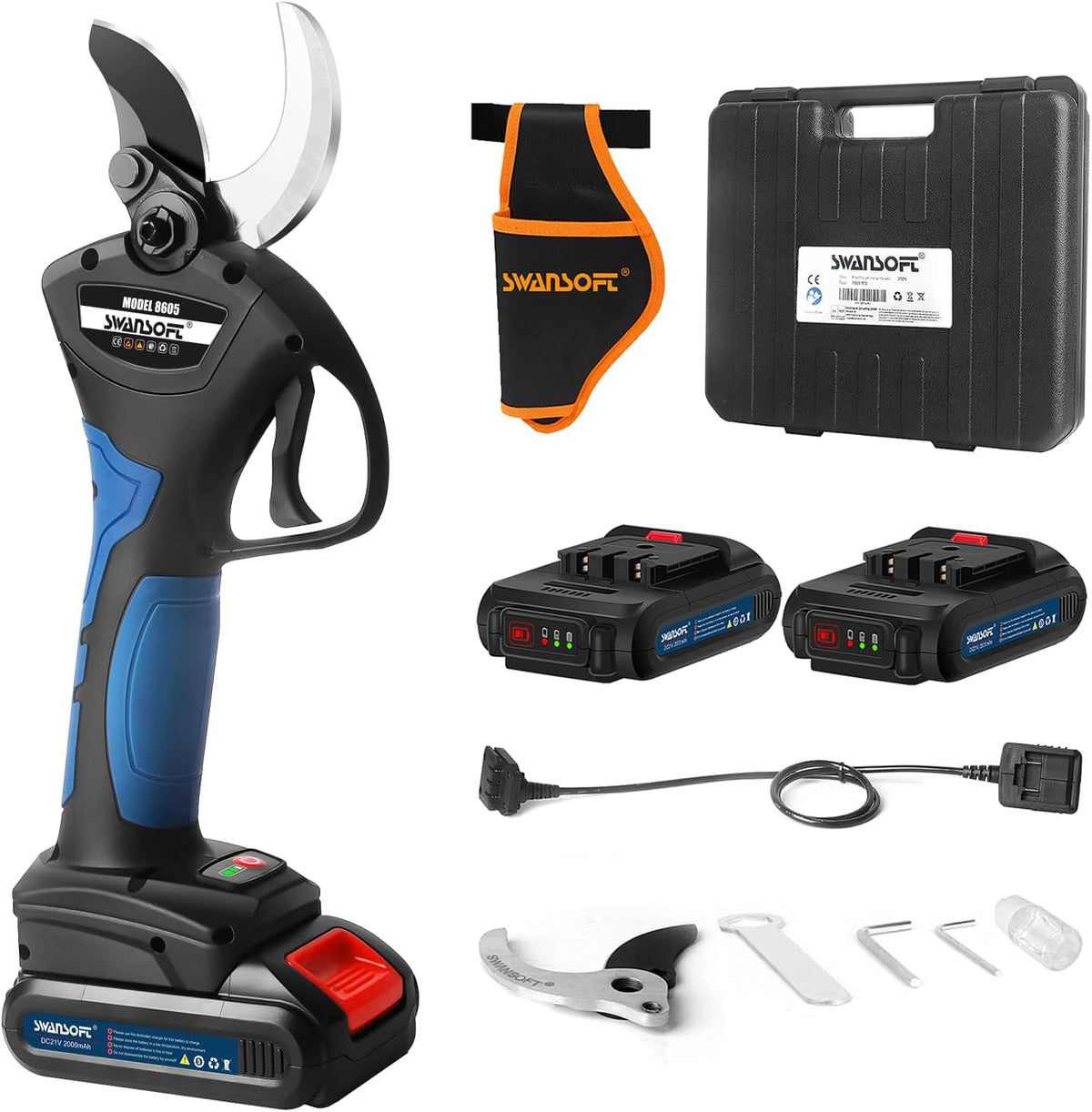 SWANSOFT 8605 Akku Astschere Gartenscheren, 1050 W, 21 V, 40 mm, für Kletterpflanzen, kabellos, für den Garten, Schwarz/Blau