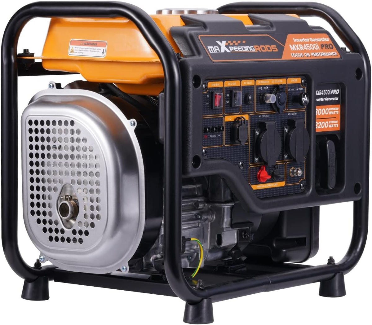 maXpeedingrods Stromerzeuger, 3200 W, mit USB, für den Garten, Orange/Schwarz/Silber