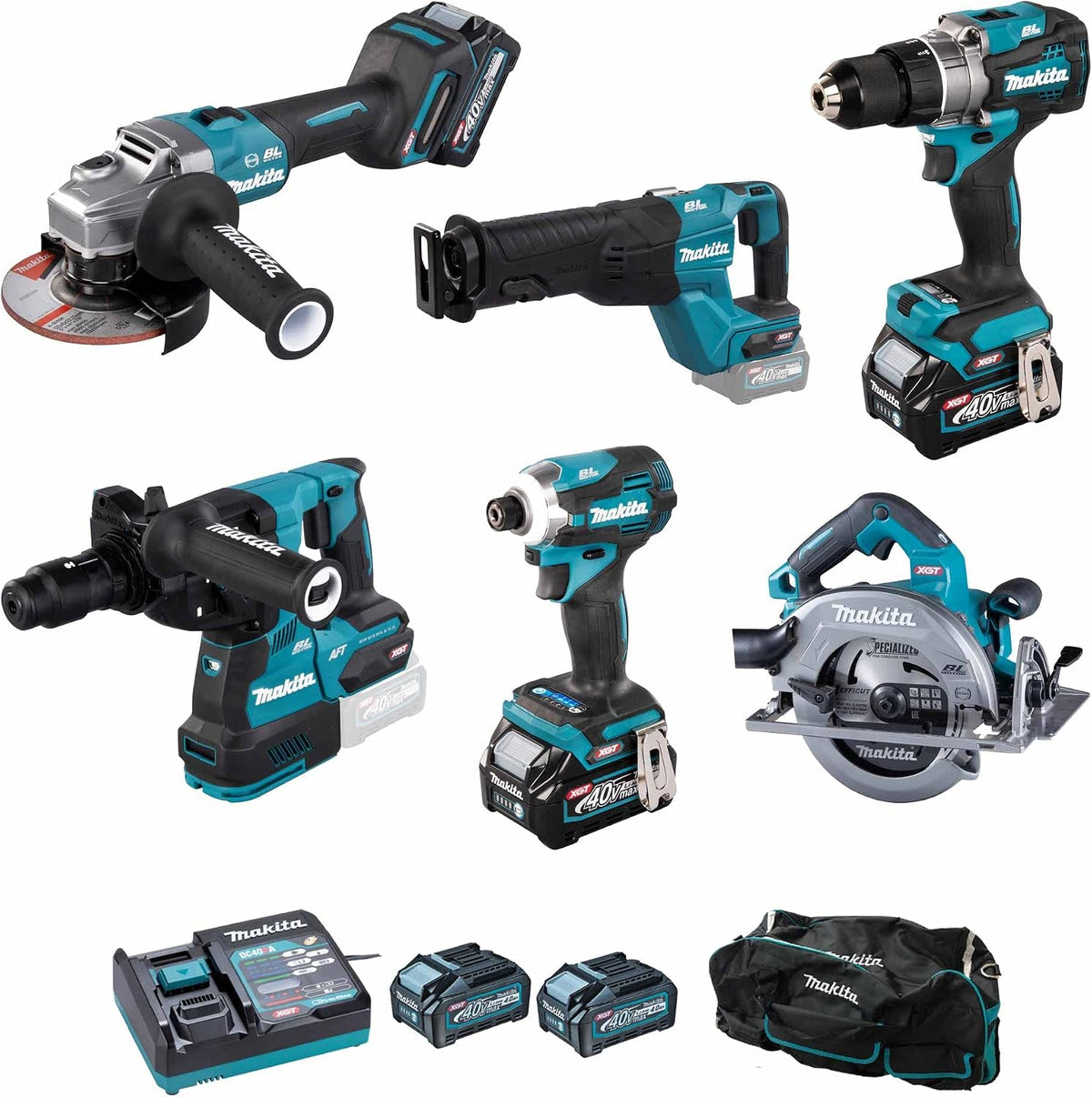 Makita DK0128G601 Werkzeugsets, 40 V, 4 Ah, Schwarz/Blau/Silber