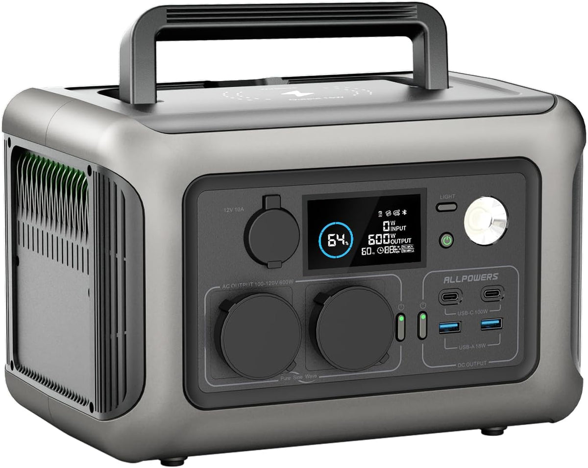 ALLPOWERS R600 Stromerzeuger, 600 W, 1200 W, 299 Wh, mit USB, für den Garten und Camping, Schwarz/Grau