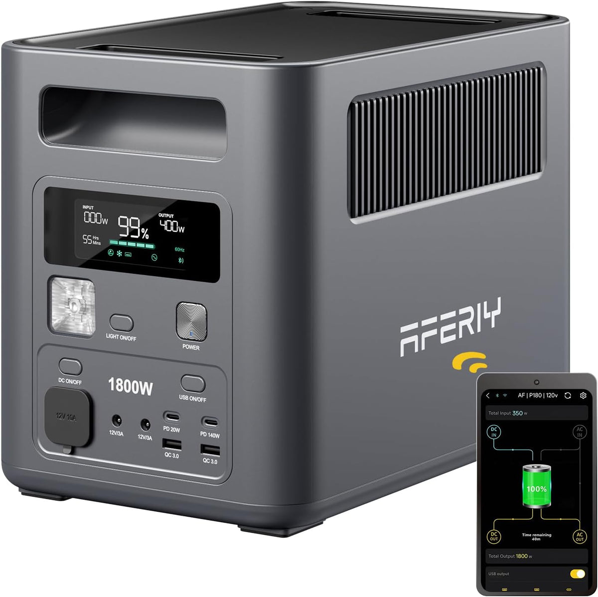 AFERIY LiFePO4 Stromerzeuger, 1800 W, 230 V, 1024 Wh, mit USB, für den Garten und Camping, Grau