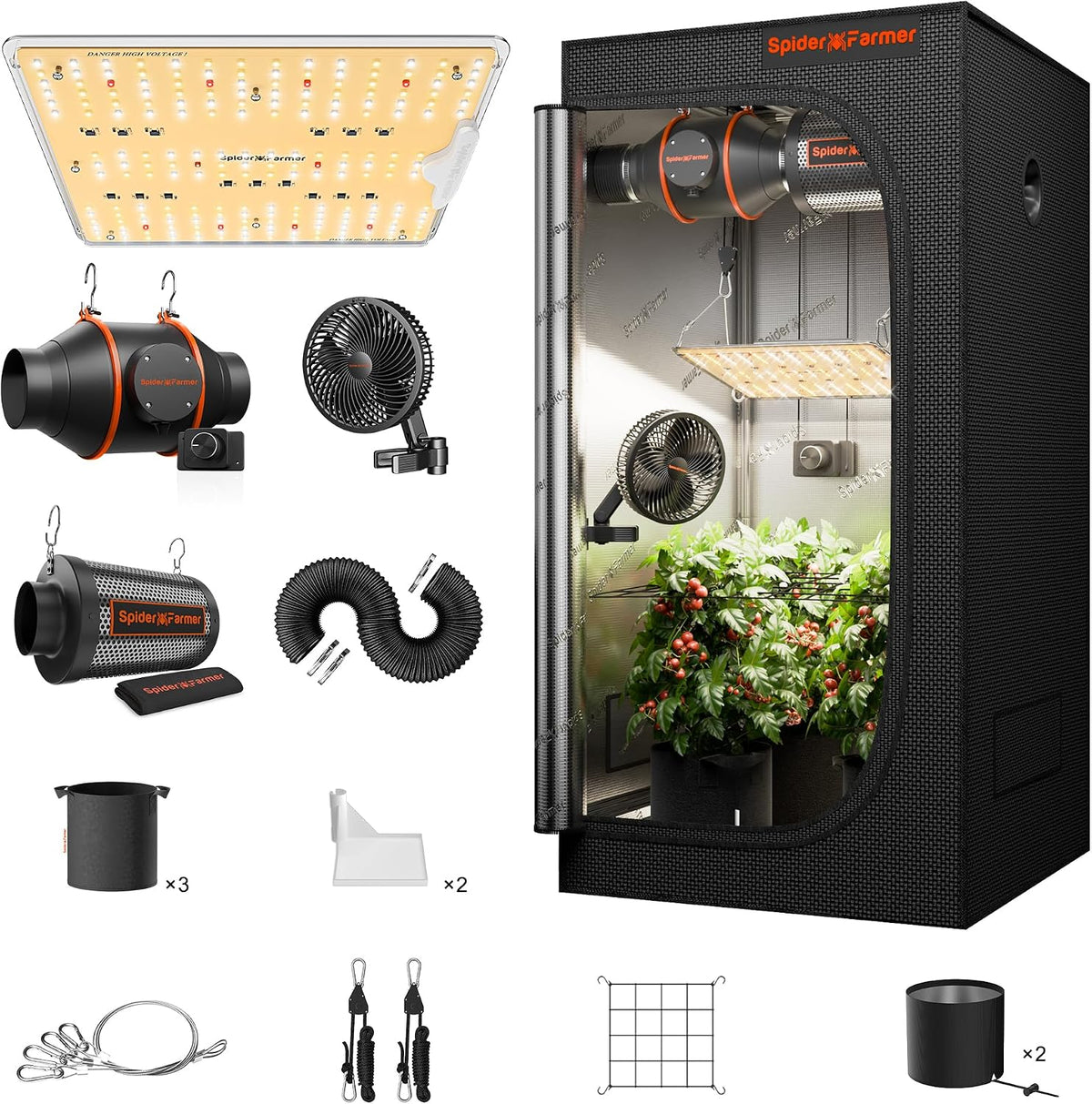 Spider Farmer SF1000D Zuchtzelte, 60 × 60 × 140 cm, mit LED, mit USB, mit Timer, Schwarz/Orange