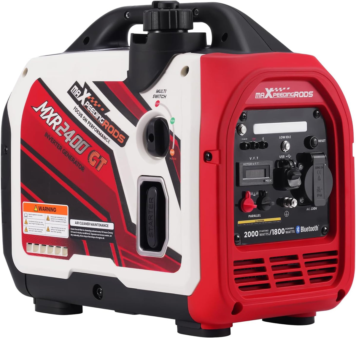 maXpeedingrods 2000W Inverter Stromerzeuger, 230 V, 15 kg, mit USB, mit LED, Weiß/Schwarz/Rot