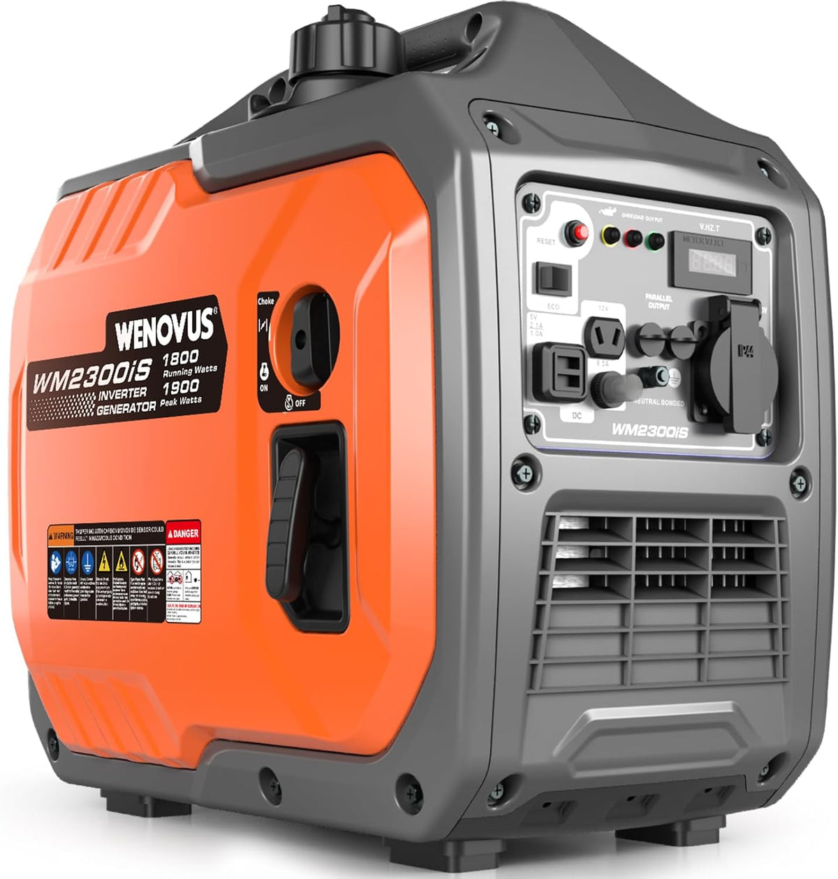 WENOVUS Stromerzeuger, 1900 W, 230 V, mit USB, mit LED, bürstenlos, für Camping, Orange/Grau