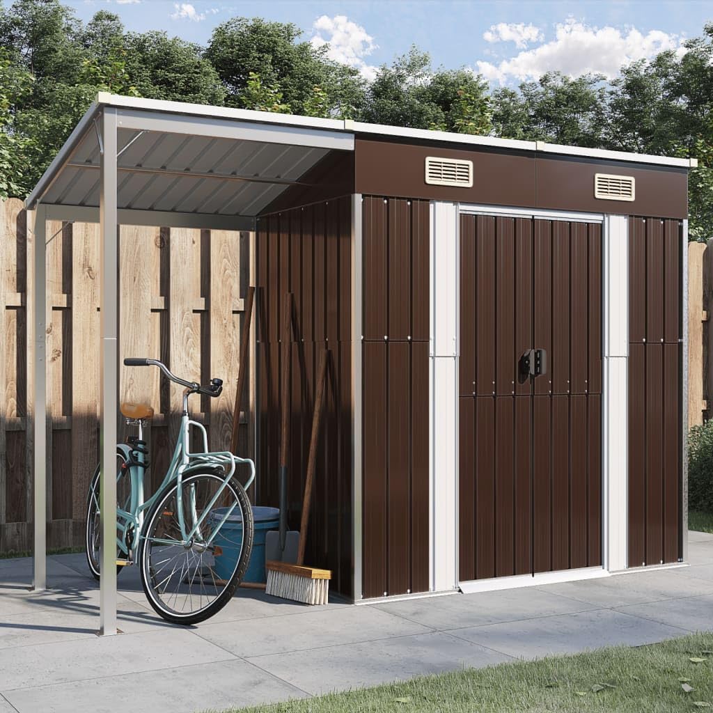 Gerätehaus, 277 × 110,5 × 181 cm, aus Stahl und Metall, klappbar, für den Garten, Braun/Weiß, prissent
