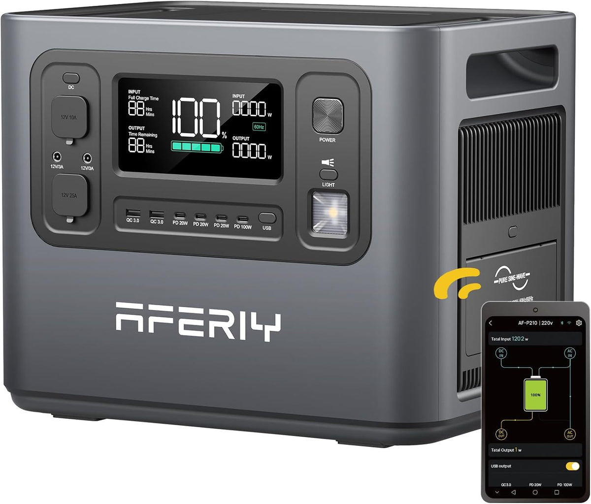 Stromerzeuger LiFePO4, 2400 W, 230 V, 2048 Wh, mit LED, für Camping, Grau, AFERIY