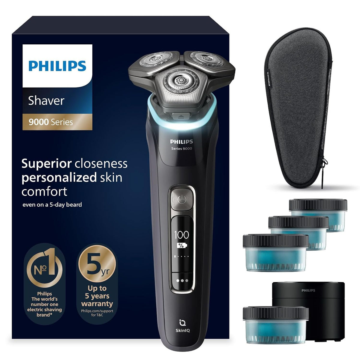 Philips S9000 Rotationsrasierer, wasserdicht, mit KI-Erkennung, Schwarz
