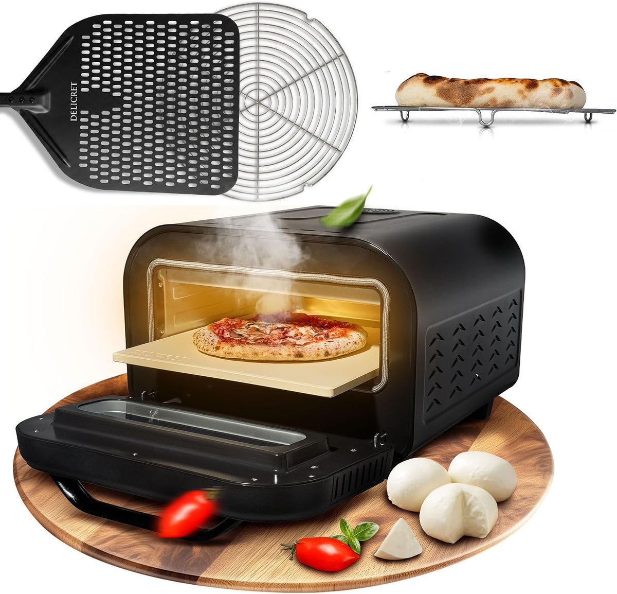 Pizzaofen, 450 °C, verstellbar, Schwarz/Silber, delicret