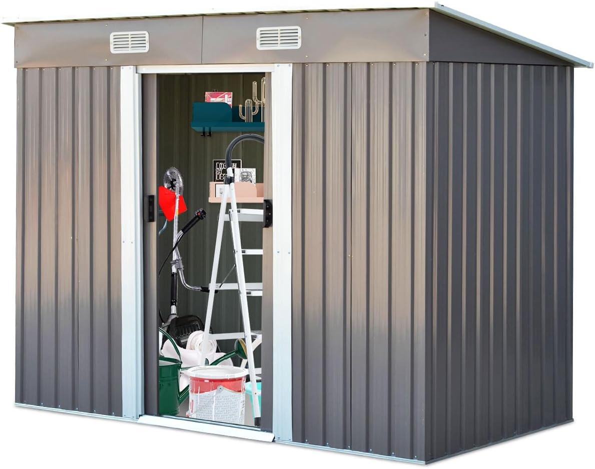 Gerätehaus, 238 × 131 × 181 cm, aus Metall, wasserdicht, mit Stauraum, für den Garten, Grau, HOMASIS