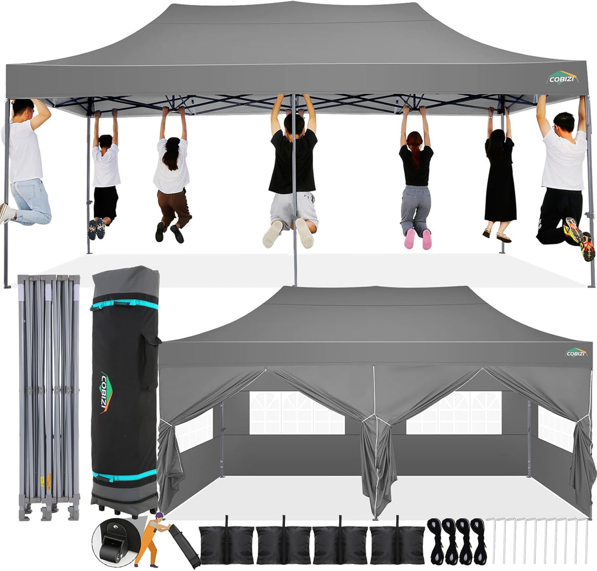 Gartenpavillon, 3 × 6 m, klappbar, für den Garten, Grau, COBIZI