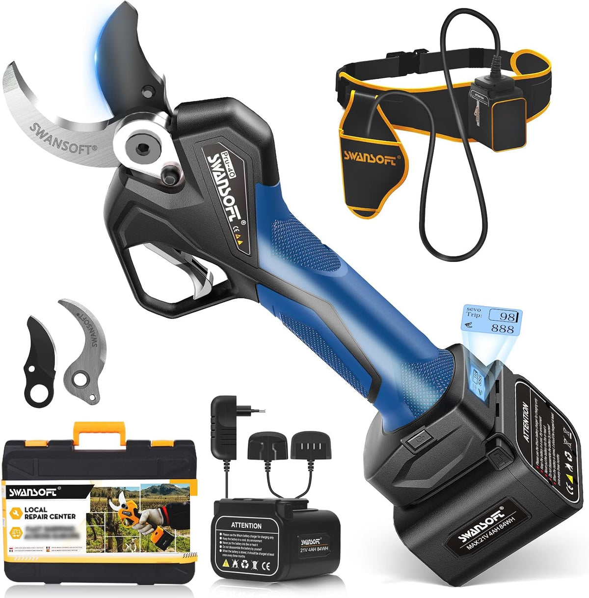 SWANSOFT PRU40 Baumscheren & Gartenscheren, 1050 W, 21 V, 4 Ah, bürstenlos, für den Garten, Blau/Schwarz