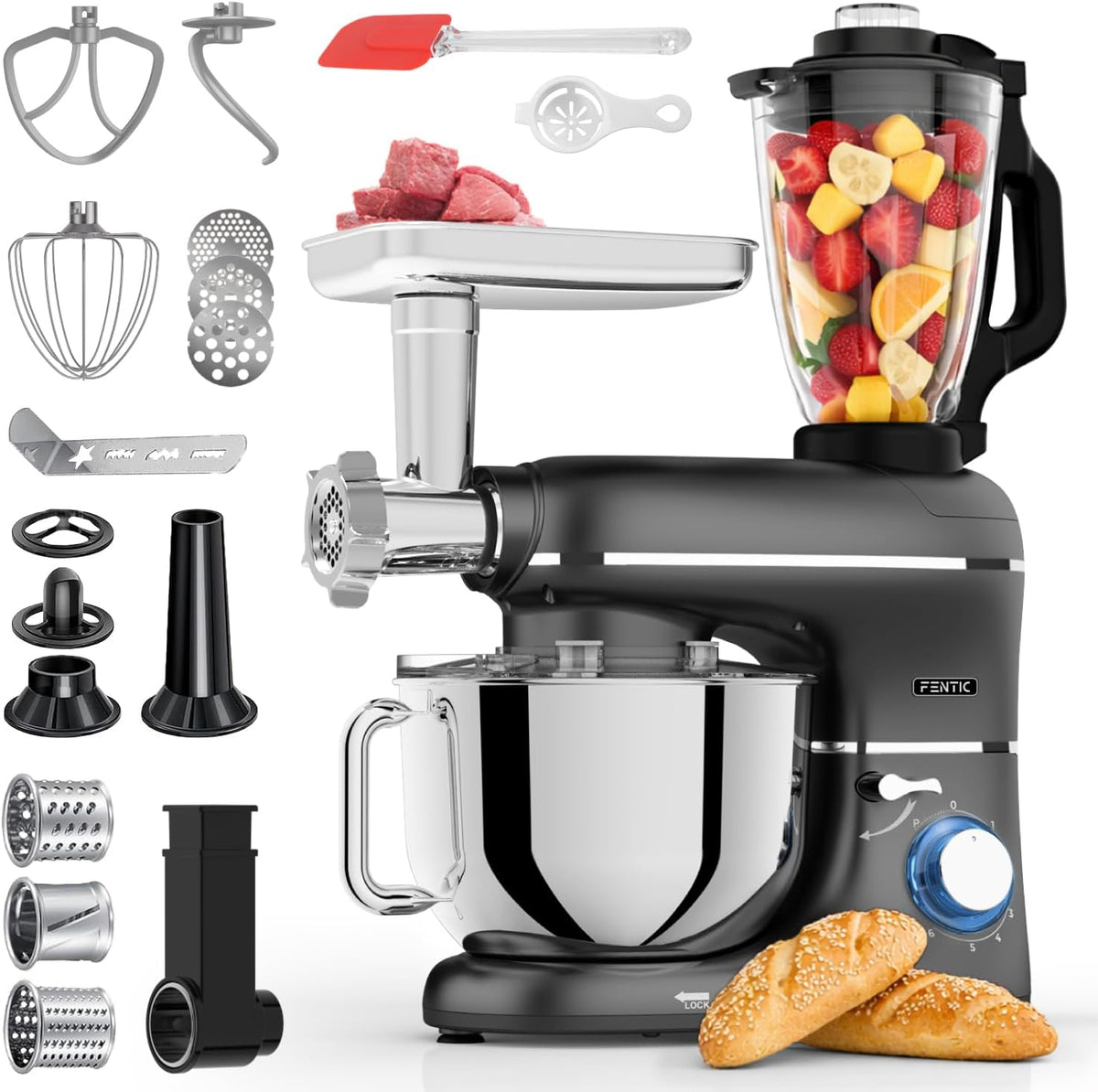 Fentic in-1 Küchenmaschine, 1,5 L, 6,2 L, 2000 W, für die Küche, Schwarz/Silber