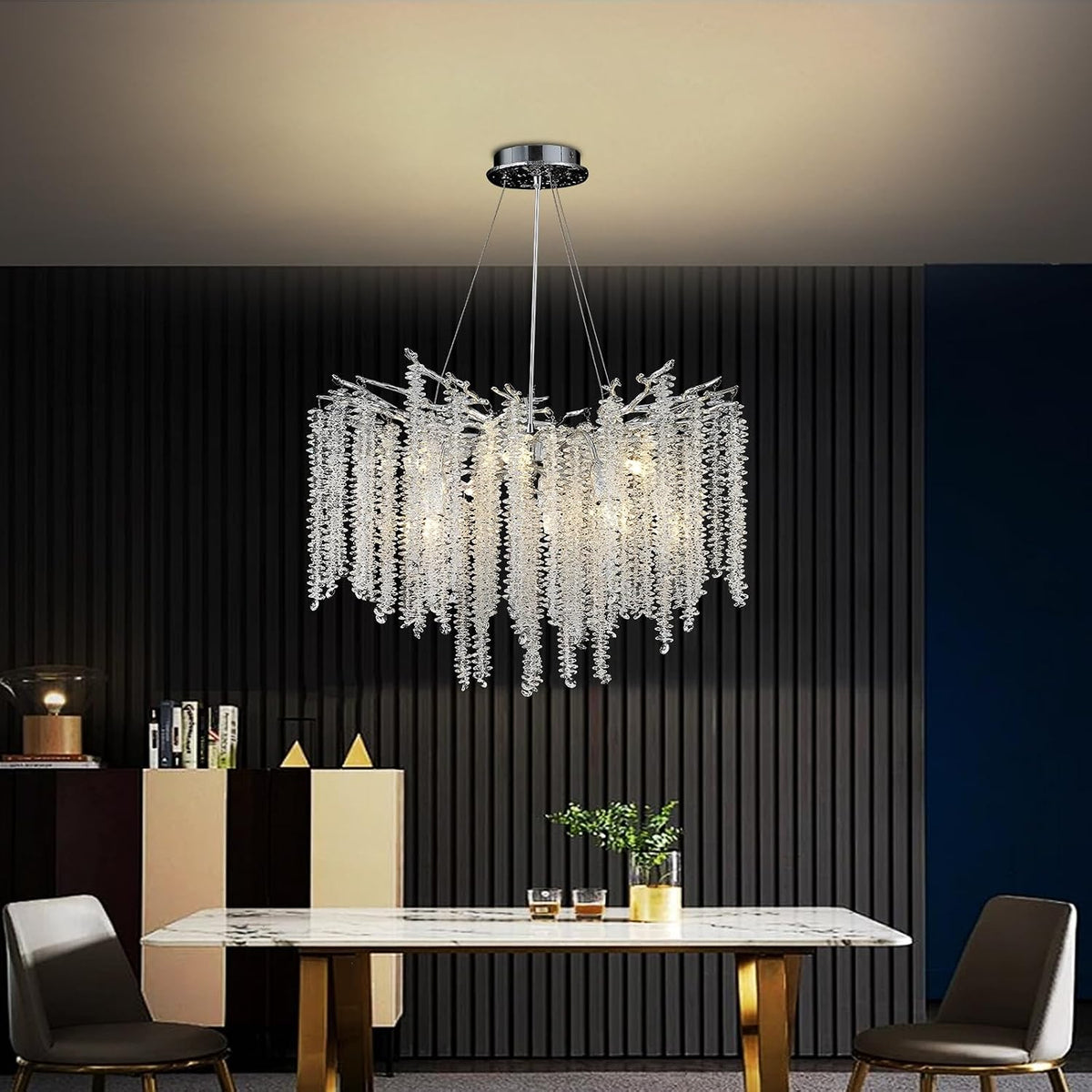 Kronleuchter, 60 cm, höhenverstellbar, für das Wohnzimmer, Silber, AHXIAOZN